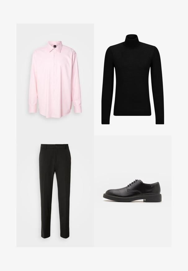 Juodas aukšto kaklo megztinis, pagamintas iš minkštos medžiagos, su ilgomis rankovėmis ir prigludusia forma. Su raukiniais apačioje ir rankogaliuose. Paprastas dizainas.; Šviesiai rožinė ilgos rankovės marškiniai su sagomis, pagaminti iš lygaus audinio. Klasikinis apykaklė, sagų uždarymas, rankogaliai be raštų ar puošmenų.; Juodi kelnes, pagamintos iš lygaus audinio, su tiesiomis kojomis, mygtuko uždarymu ir klasikiniu dizainu, tinkamu tiek formaliai, tiek kasdienei aprangai.; Juodas odinis batų modelis su raišteliais, apvaliu nosiu, lygiu paviršiumi, minimaliai siuvinėjimu ir žemu guminėmis pakulne. Ant pakulnės šalia logo.