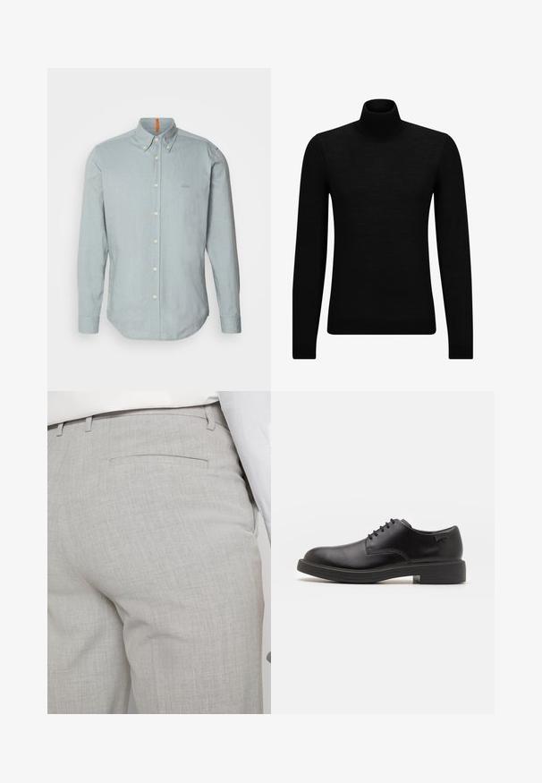 Mustahuivi neule, joka on valmistettu pehmeästä materiaalista, jossa on pitkät hihat ja tiukka istuvuus. Ribbaus reunassa ja hihansuissa. Yksinkertainen muotoilu.; Vaaleansininen nappikauluspaita, joka on valmistettu tekstuurikankaasta. Paidassa on terävä kaulus, pitkät hihat ja pieni brodeerattu logo rintakehässä.; Vaaleanharmaat räätälöidyt housut tekstuuripintaisesta kankaasta, joissa on yksi takatasku ja siistit saumat.; Mustat nahkasaappaat, joissa on pyöreä kärki, sileä pinta, minimaalinen ommel ja matala kumipohja. Logo kannassa.