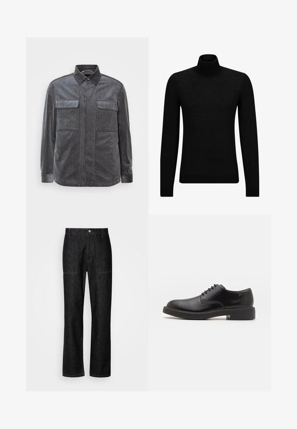 Črna turtleneck pulover iz mehkega materiala, z dolgimi rokavi in tesnim prileganjem. R ibana obroba na robu in rokavih. Preprosta zasnova.; Črna in siva prugasta kordurojska srajca z ovratnikom na gumb, dvema žepoma na prsih in dolgimi rokavi. Tekstilirana tkanina z gladkim zaključkom.; Črne jeans hlače ravnega kroja z vidnim šivom in sprednjim gumbom. Vključujejo dve stranski žepki in dva zadnja žepka.; Črne usnjene čipkaste čevlje z zaobljenim nosom, gladko teksturo, minimalnim šitjem in nizkim gumijastim peto. Logo na peti.