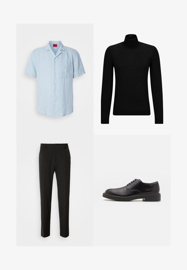 Fekete garbó pulóver puha anyagból, hosszú ujjakkal és szoros fazonnal. Ribbed díszítés az alján és az ujjak végén. Egyszerű dizájn.; Világoskék, rövid ujjú ing textúrált anyagból, gombos elülső résszel, bal oldalon zsebbel és klasszikus gallér kialakítással.; Fekete nadrág sima szövetből, egyenes lábakkal, gombos záródással és klasszikus designnal, amely alkalmas formális vagy hétköznapi viseletre.; Fekete bőrcipő, kerek orrú, sima felületű, minimális varrással és alacsony gumitalppal. Logó a sarokrészen.