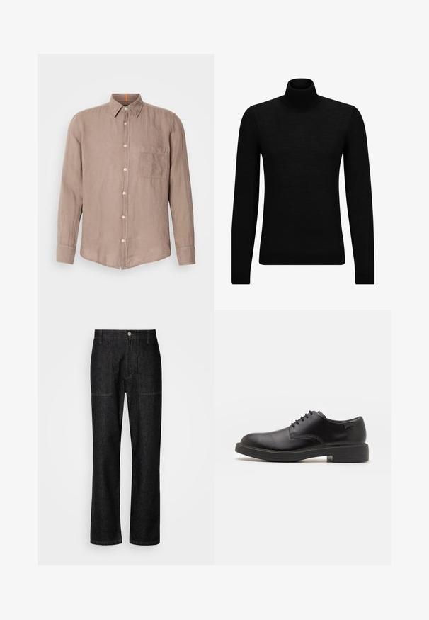 Czarny sweter z golfem wykonany z miękkiego materiału, z długimi rękawami i dopasowanym krojem. Żebrowane wykończenie na dolnym brzegu i mankietach. Prosty design.; Koszula z długim rękawem, w jasnobrązowym kolorze, uszyta z lnu, z kołnierzykiem zapinanym na guziki, kieszonką z przodu oraz jasnymi guzikami. Teksturowana tkanina o luźnym kroju.; Czarne dżinsowe spodnie z prostą nogawką, widocznym przeszyciem i zapięciem na guziki z przodu. Zawierają dwie kieszenie boczne oraz dwie kieszenie z tyłu.; Czarny skórzany but za kostkę z okrągłym noskiem, gładką fakturą, minimalnym przeszyciem i niskim gumowym obcasem. Logo na pięcie.
