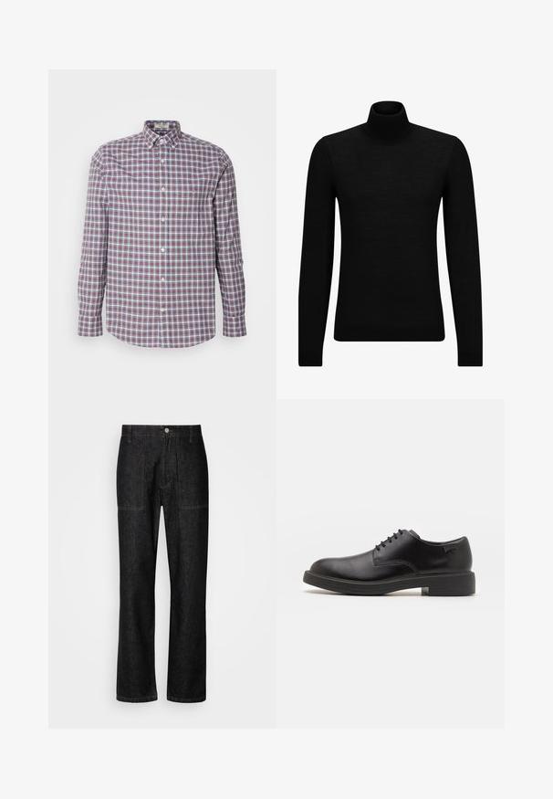 Czarny sweter z golfem wykonany z miękkiego materiału, z długimi rękawami i dopasowanym krojem. Żebrowane wykończenie na dolnym brzegu i mankietach. Prosty design.; Koszula z długim rękawem w kratę w kolorach czerwonym, niebieskim i białym. Wykonana z bawełny, z zaokrąglonym dołem.; Czarne dżinsowe spodnie z prostą nogawką, widocznym przeszyciem i zapięciem na guziki z przodu. Zawierają dwie kieszenie boczne oraz dwie kieszenie z tyłu.; Czarny skórzany but za kostkę z okrągłym noskiem, gładką fakturą, minimalnym przeszyciem i niskim gumowym obcasem. Logo na pięcie.