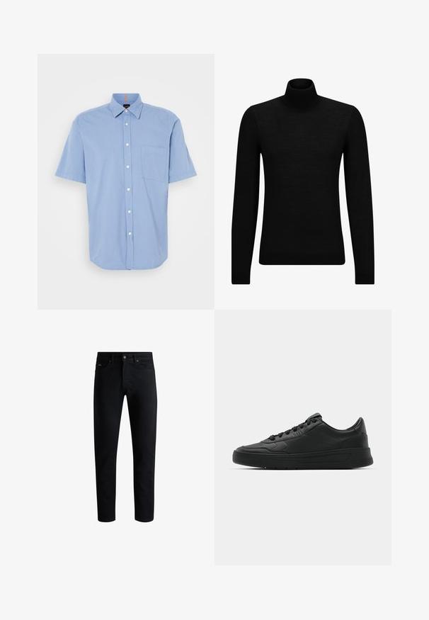 Črna turtleneck pulover iz mehkega materiala, z dolgimi rokavi in tesnim prileganjem. R ibana obroba na robu in rokavih. Preprosta zasnova.; Svijetloplena košulja kratkih rukava sa gumbima napravljena od lagane tkanine, s džepom na prsima i klasičnom kragnom s bijelim gumbima.; Črne slim-fit kavbojke z vsemi petimi žepi, zapiranjem na gumb in zankami za pas, prikazane na beli podlagi.; Črne superge z gladkim usnjenim zgornjim delom, okroglo konico, ravnimi vezalkami, oblazinjeno ovratnikom in minimalističnim dizajnom. Gumijast podplat z diskretnim profilom.