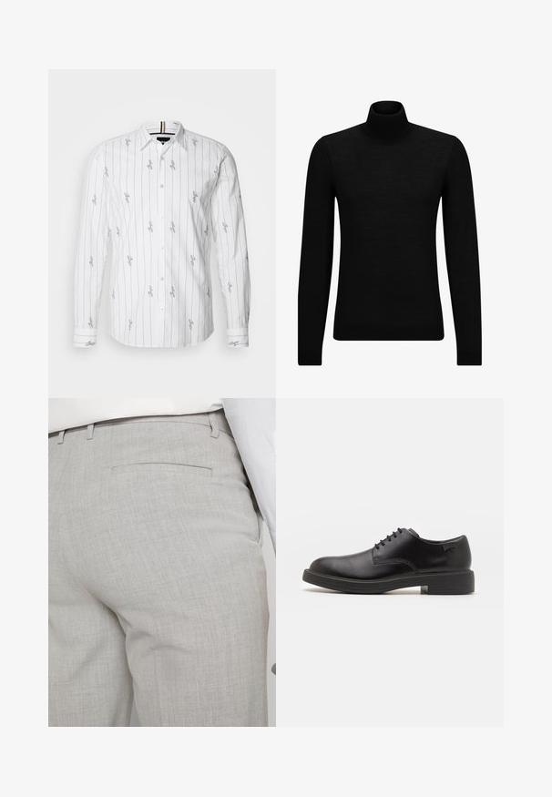 Črna turtleneck pulover iz mehkega materiala, z dolgimi rokavi in tesnim prileganjem. R ibana obroba na robu in rokavih. Preprosta zasnova.; Bela srajca z dolgimi rokavi z vertikalnimi črnimi črtami in natisnjenimi podpisi. Klasičen ovratnik in spredaj z gumbi, izdelana iz strukturirane tkanine.; Svetlo sive hlače po meri iz teksturirane tkanine, z enim zadnjim žepom in čistim šivom.; Črne usnjene čipkaste čevlje z zaobljenim nosom, gladko teksturo, minimalnim šitjem in nizkim gumijastim peto. Logo na peti.