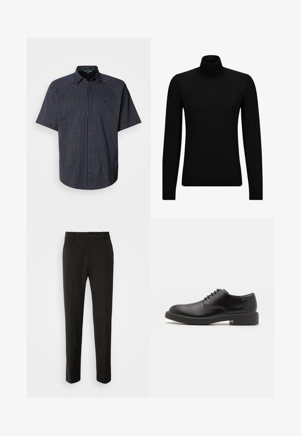 Svart genser med høy hals laget av mykt materiale, med lange ermer og en tettsittende passform. Ribbestrikket kant nederst og ved ermene. Enkelt design.; Kortermet skjorte i marineblå med hvit rutenettmønster. Har klassisk krage og liten logo, laget av lett stoff.; Sorte bukser laget av glatt stoff, med rette ben, knappelukking og en klassisk design som passer til både formell og uformell bruk.; Svart lær snøre sko med rund tå, glatt tekstur, minimal søm, og lav gummihæl. Logo på hælen.