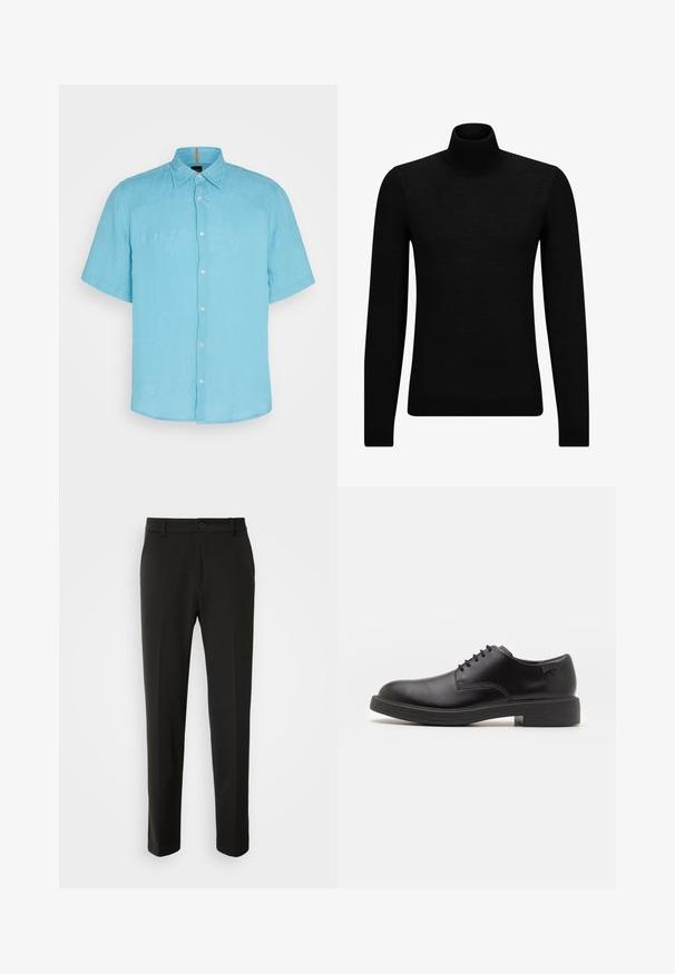 Schwarzer Rollkragenpullover aus weichem Material mit langen Ärmeln und enger Passform. Rippbesatz am Saum und an den Bündchen. Einfaches Design.; Helles blaues kurzärmeliges Hemd aus Leinen, mit einem Knopfverschluss auf der Front, spitzen Kragen und subtiler Struktur ohne Muster oder Akzente.; Schwarze Hose aus glattem Stoff, mit geraden Beinen, einem Knopfverschluss und einem klassischen Design, das sowohl für formelle als auch für legere Anlässe geeignet ist.; Schwarzer Leder-Schnürschuh mit abgerundetem Zeh, glatter Textur, minimaler Naht und niedrigem Gummiabsatz. Logo auf der Ferse.