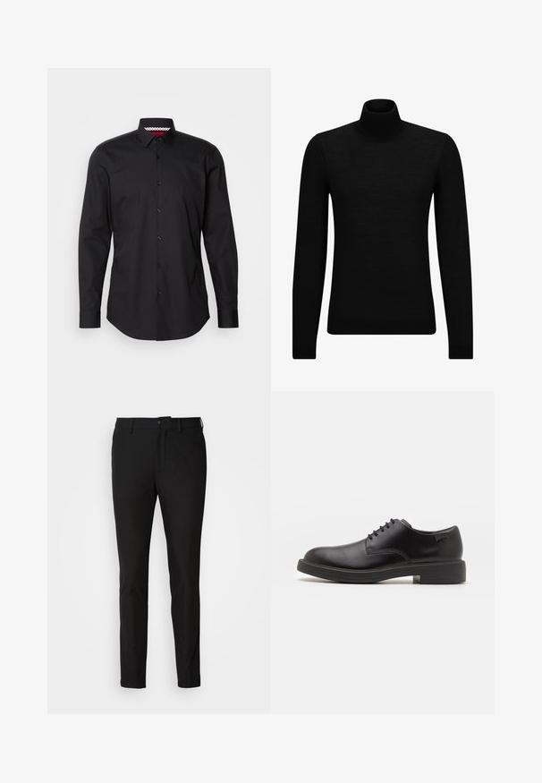 Zwarte coltrui van zacht materiaal, met lange mouwen en een snug fit. Geribbelde afwerking aan de onderkant en mouwen. Eenvoudig ontwerp.; Zwarte button-up shirt met lange mouwen, klassieke kraag en zichtbare knoopsluiting. De binnenkant van de kraag heeft een rode en witte patroondetail.; Zwarte slim fit broek met een knoopsluiting, ritssluiting en twee zijzakken. Glad materiaal met een matte afwerking.; Zwarte leren veterschoen met een ronde neus, een gladde textuur, minimale stiksels en een lage rubberen hak. Logo op de hak.