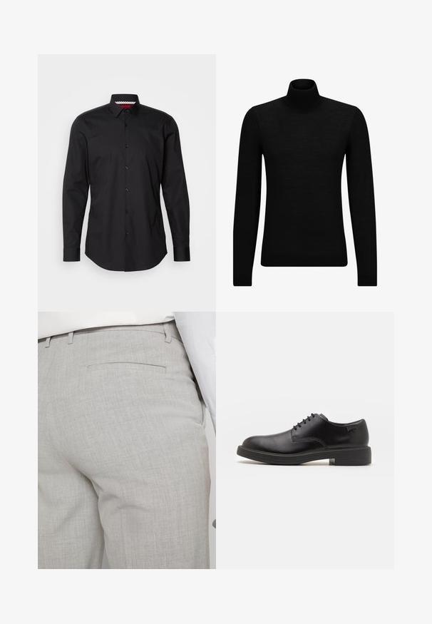 Jersey de cuello alto negro hecho de un material suave, con mangas largas y un ajuste ceñido. Ribete acanalado en el dobladillo y los puños. Diseño simple.; Camisa negra de botón con mangas largas, cuello clásico y placket de botones visible. El interior del collar presenta un detalle de patrón en rojo y blanco.; Pantalones grises claros a medida hechos de tela texturizada, con un solo bolsillo trasero y costuras limpias.; Zapato negro de cuero con cordones, punta redondeada, textura suave, costuras mínimas y tacón bajo de goma. Logo en el tacón.