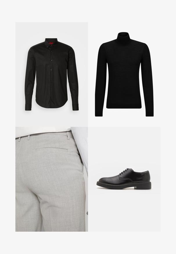 Fekete garbó pulóver puha anyagból, hosszú ujjakkal és szoros fazonnal. Ribbed díszítés az alján és az ujjak végén. Egyszerű dizájn.; HUGO ERMO - Alkalmi ing - black; Világosszürke, texturált anyagból készült szabott nadrág, egyetlen hátsó zsebbel és tiszta varrással.; Fekete bőrcipő, kerek orrú, sima felületű, minimális varrással és alacsony gumitalppal. Logó a sarokrészen.