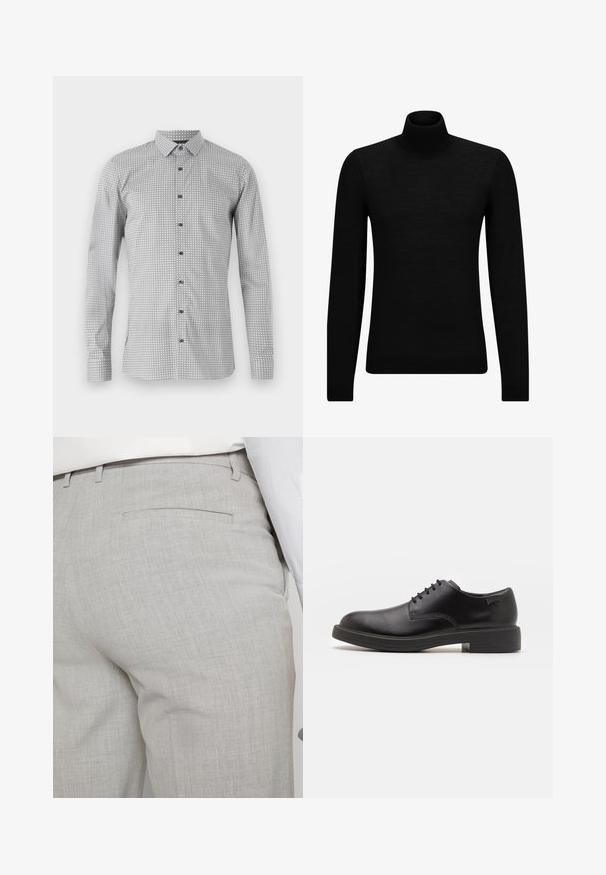 Fekete garbó pulóver puha anyagból, hosszú ujjakkal és szoros fazonnal. Ribbed díszítés az alján és az ujjak végén. Egyszerű dizájn.; Fehér és fekete színű, geometrikus mintázatú, hosszú ujjú ing, gombos elülső rész és klasszikus gallér. Könnyű anyag, sima textúrával.; Világosszürke, texturált anyagból készült szabott nadrág, egyetlen hátsó zsebbel és tiszta varrással.; Fekete bőrcipő, kerek orrú, sima felületű, minimális varrással és alacsony gumitalppal. Logó a sarokrészen.