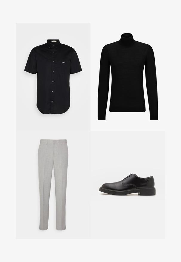 Musthave muströid ja pehmest materjalist must turtleneck, millel on pikad varrukad ja tihe istuvus. Ribaga ääris allservas ja vöökohal. Lihtne disain.; Lühikeste varrukatega must särk, puuvillane materjal, nööpidega krae, ees tasku brodeeritud logoga, sirge äärejoon, sile tekstuur.; Heledad hallid püksid sileda tekstuuriga, lame esiots ja sirged sääred. Valmistatud hingavast kangast, millel on sisepocketid ja vöölõngad.; Must beemel levalis kingad ümarate varvastega, sileda pinnaga, minimaalsete õmblustega ja madala kummist kontsaga. Logo kontsa peal.