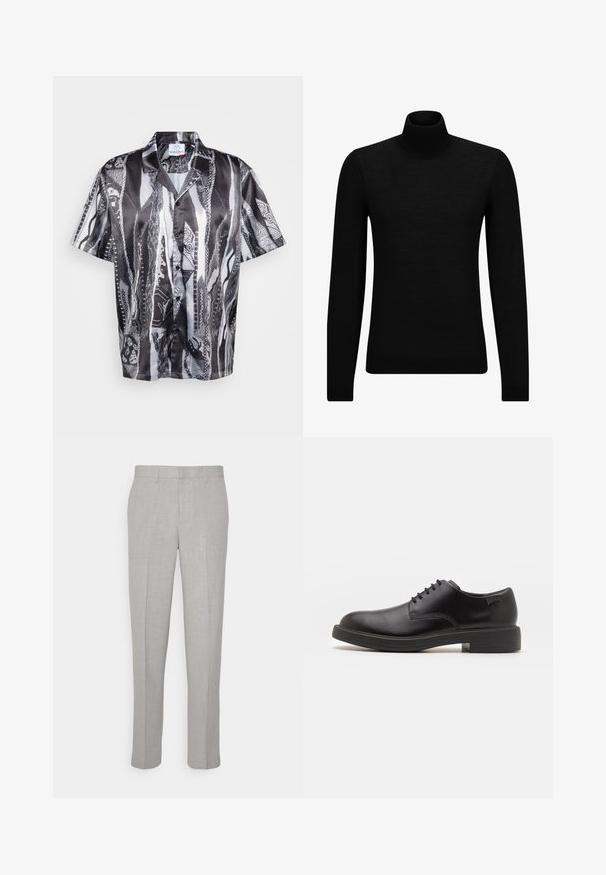Maglione a collo alto nero realizzato in materiale morbido, con maniche lunghe e vestibilità aderente. Bordo a coste all'orlo e ai polsini. Design semplice.; Camicia a maniche corte con bottoni in bianco e nero, caratterizzata da un motivo a serpente testurizzato, con colletto rilassato e finitura in tessuto liscia.; Pantaloni grigi chiari con una texture liscia, frontale piatto e gambe dritte. Realizzati in tessuto traspirante, dotati di tasche interne e passanti per cintura.; Scarpa nera in pelle con lacci, punta tonda, texture liscia, cuciture minime e tacco in gomma basso. Logo sul tacco.