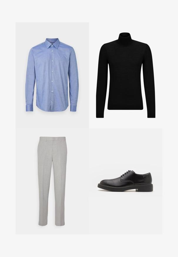 Juodas aukšto kaklo megztinis, pagamintas iš minkštos medžiagos, su ilgomis rankovėmis ir prigludusia forma. Su raukiniais apačioje ir rankogaliuose. Paprastas dizainas.; Šviesiai mėlyna ilgomis rankovėmis marškinėlių, pagamintų iš audinio su subtilia tekstūra, su smailiu apykakle ir suapvalintu kirpimu.; Šviesiai pilki kelnės su lygiu paviršiumi, plokščiu priekiu ir tiesiomis kojomis. Pagamintos iš kvėpuojančios medžiagos, su vidinėmis kišenėmis ir diržo kilpomis.; Juodas odinis batų modelis su raišteliais, apvaliu nosiu, lygiu paviršiumi, minimaliai siuvinėjimu ir žemu guminėmis pakulne. Ant pakulnės šalia logo.