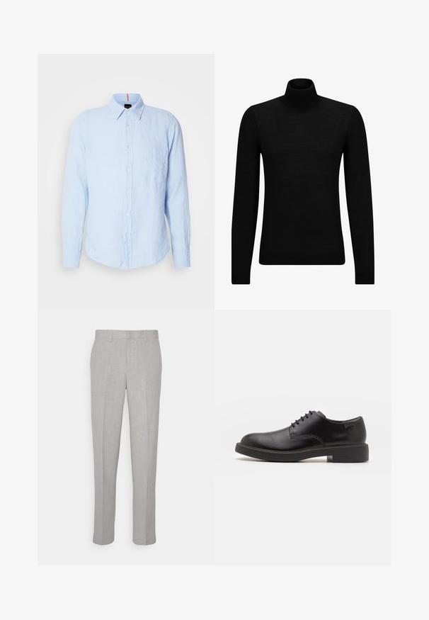 Jersey de cuello alto negro hecho de un material suave, con mangas largas y un ajuste ceñido. Ribete acanalado en el dobladillo y los puños. Diseño simple.; Camisa de lino de manga larga color azul claro con cuello abotonado, bolsillo frontal y botones blancos. Presenta un corte relajado y una textura en la tela.; Pantalones gris claro con una textura suave, frente plano y piernas rectas. Hechos de una tela transpirable, con bolsillos internos y pasadores para cinturón.; Zapato negro de cuero con cordones, punta redondeada, textura suave, costuras mínimas y tacón bajo de goma. Logo en el tacón.