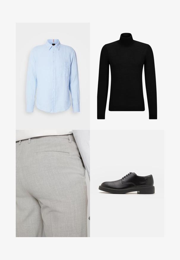 Fekete garbó pulóver puha anyagból, hosszú ujjakkal és szoros fazonnal. Ribbed díszítés az alján és az ujjak végén. Egyszerű dizájn.; Világoskék len hosszú ujjú ing, gombos gallérral, elülső zsebbel és fehér gombokkal. Lazán illeszkedő fazon és textúrált anyag jellemzi.; Világosszürke, texturált anyagból készült szabott nadrág, egyetlen hátsó zsebbel és tiszta varrással.; Fekete bőrcipő, kerek orrú, sima felületű, minimális varrással és alacsony gumitalppal. Logó a sarokrészen.