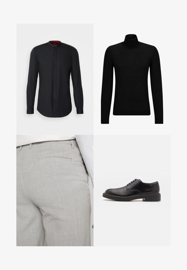 Zwarte coltrui van zacht materiaal, met lange mouwen en een snug fit. Geribbelde afwerking aan de onderkant en mouwen. Eenvoudig ontwerp.; Zwarte lange mouwen shirt met een Mandarin-kraag, met een verborgen knoopsluiting en een rode patroon binnenkraagdetail. Glad textuur van de stof.; Lichtgrijze, op maat gemaakte broek van gestructureerde stof, met een enkele achterzak en nette stiksels.; Zwarte leren veterschoen met een ronde neus, een gladde textuur, minimale stiksels en een lage rubberen hak. Logo op de hak.