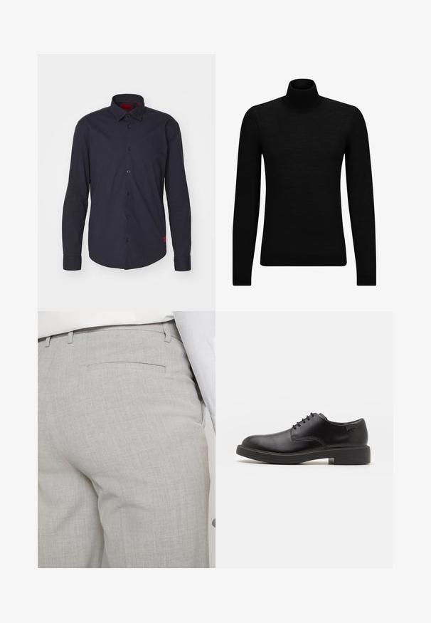 Zwarte coltrui van zacht materiaal, met lange mouwen en een snug fit. Geribbelde afwerking aan de onderkant en mouwen. Eenvoudig ontwerp.; HUGO ERMO - Zakelijk overhemd - dark blue; Lichtgrijze, op maat gemaakte broek van gestructureerde stof, met een enkele achterzak en nette stiksels.; Zwarte leren veterschoen met een ronde neus, een gladde textuur, minimale stiksels en een lage rubberen hak. Logo op de hak.