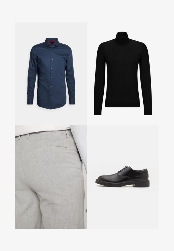 Černý rolák vyrobený z měkkého materiálu, s dlouhými rukávy a těsným střihem. Hladký lem na spodním okraji a manžetách. Jednoduchý design.; Námořnická košile s knoflíky a dlouhými rukávy vyrobená z hladké látky. Má standardní límec a jemný lesk. Červený akcent uvnitř límce.; Světlounce šedé kalhoty na míru z texturované látky, s jednou zadní kapsou a čistým prošitím.; Černé kožené šněrovací boty s kulatou špičkou, hladkým povrchem, minimálním prošíváním a nízkým gumovým podpatkem. Logo na patě.