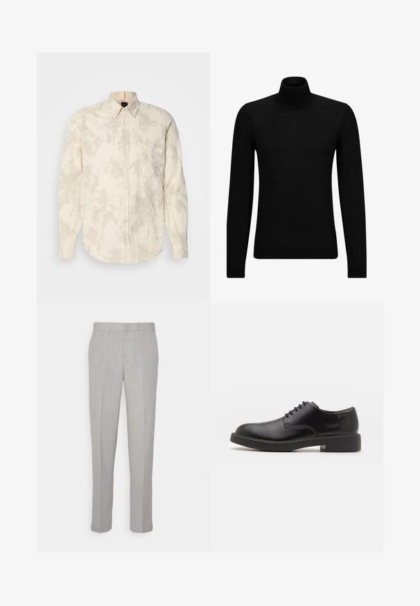 Musthave muströid ja pehmest materjalist must turtleneck, millel on pikad varrukad ja tihe istuvus. Ribaga ääris allservas ja vöökohal. Lihtne disain.; Kerge kreemjas nupp-särk palmilehe mustriga, pikkade varrukatega, rinna tasku ja ümar hem. Valmistatud pehmest kangast, millel on sile tekstuur.; Heledad hallid püksid sileda tekstuuriga, lame esiots ja sirged sääred. Valmistatud hingavast kangast, millel on sisepocketid ja vöölõngad.; Must beemel levalis kingad ümarate varvastega, sileda pinnaga, minimaalsete õmblustega ja madala kummist kontsaga. Logo kontsa peal.