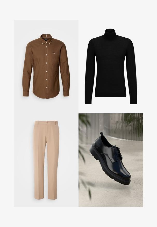 Juodas aukšto kaklo megztinis, pagamintas iš minkštos medžiagos, su ilgomis rankovėmis ir prigludusia forma. Su raukiniais apačioje ir rankogaliuose. Paprastas dizainas.; BOSS ROAN - Marškiniai - brown; Šviesiai rudos kelnės, pagamintos iš lygios medžiagos, su tiesiomis kojomis, priekiniais sagčių užsegimais ir subtiliais raukšlių akcentais priekyje.; Juodas odinis batas su blizgiu paviršiumi, apvalia nosimi, laikantis šniurelių dizainu, kontrastingomis siūlėmis ir storu guma padu su raštuotais protektoriais.