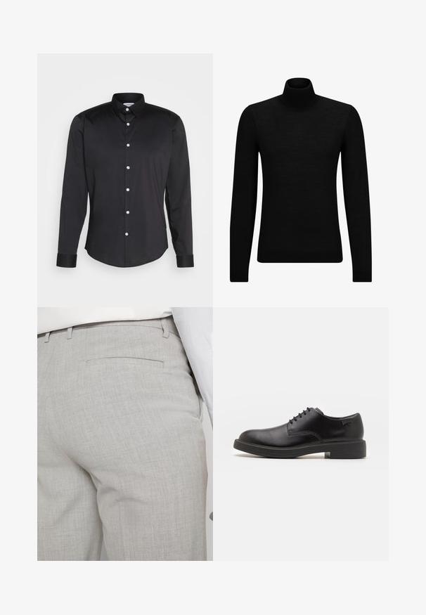 Zwarte coltrui van zacht materiaal, met lange mouwen en een snug fit. Geribbelde afwerking aan de onderkant en mouwen. Eenvoudig ontwerp.; Zwarte lang-sleeve shirt van gladde stof, met een puntige kraag, sluiting met knopen aan de voorkant met witte knopen, en manchetten met één knoop.; Lichtgrijze, op maat gemaakte broek van gestructureerde stof, met een enkele achterzak en nette stiksels.; Zwarte leren veterschoen met een ronde neus, een gladde textuur, minimale stiksels en een lage rubberen hak. Logo op de hak.