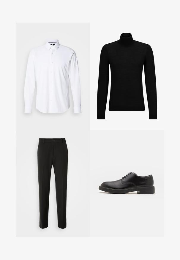 Crni dukserica s visokim ovratnikom, napravljena od mekanog materijala, s dugim rukavima i priljubljenim krojem. Rebrasti detalji na donjem rubu i rukavima. Jednostavan dizajn.; Bijela dugosveđa košulja od glatkog materijala, s kragnom na dugmad i šest dugmadi sprijeda; manžetne su prilagođene za uredan izgled.; Crni hlače od glatkog materijala, s ravnim nogavicama, zatvaranjem na dugme i klasičnim dizajnom prikladnim za formalne ili ležerne prilike.; Crne kožne cipele s vezanjem i zaobljenim vrhom, glatke teksture, minimalnim šavovima i niskim gumiranim potplatom. Logo se nalazi na peti.