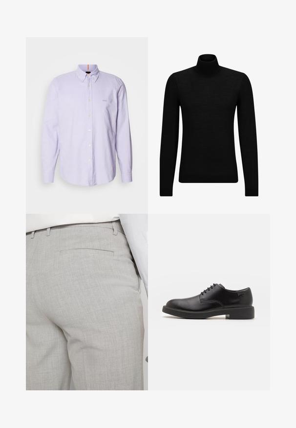 Juodas aukšto kaklo megztinis, pagamintas iš minkštos medžiagos, su ilgomis rankovėmis ir prigludusia forma. Su raukiniais apačioje ir rankogaliuose. Paprastas dizainas.; Šviesiai violetinė marškinė su ilgomis rankovėmis, apykakle ir subtiliu prekės ženklu ant krūtinės, pasižyminti lygiu paviršiumi ir baltais mygtukais.; Šviesiai pilkos spalvos pritaikytos kelnės iš faktūrinės medžiagos, turinčios vieną užpakalinę kišenę ir tvarkingus siūlus.; Juodas odinis batų modelis su raišteliais, apvaliu nosiu, lygiu paviršiumi, minimaliai siuvinėjimu ir žemu guminėmis pakulne. Ant pakulnės šalia logo.