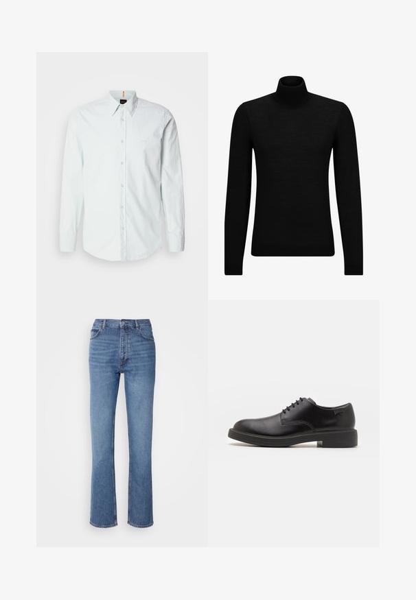 Fekete garbó pulóver puha anyagból, hosszú ujjakkal és szoros fazonnal. Ribbed díszítés az alján és az ujjak végén. Egyszerű dizájn.; Világoskék gombos ing, amely pamutból készült, hosszú ujjakkal, klasszikus gallérral és egy kis logóval a mellkasán. Puha tapintású.; Kék farmernadrág magas derékkal, egyenes szabású dizájnnal és enyhe kopással. Jellemzője az klasszikus öt zsebes kialakítás és cipzáras zárás.; Fekete bőrcipő, kerek orrú, sima felületű, minimális varrással és alacsony gumitalppal. Logó a sarokrészen.
