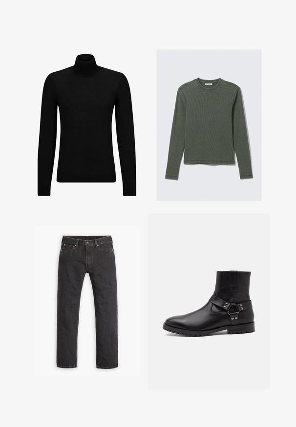 Black turtleneck sweater made of soft material, featuring long sleeves and a snug fit. Ribbed trim at the hem and cuffs. Simple design.; Long-sleeve, ribbed top in dark green, featuring a crew neckline and straight hem. Made of soft fabric, with minimal seams and no visible patterns.; Black straight-leg denim jeans with five pockets, button closure, and copper rivets laid flat on a white background.; Black leather ankle boot with a pointed toe, flat rubber sole, and a decorative strap with a metal ring and studs. Smooth texture.