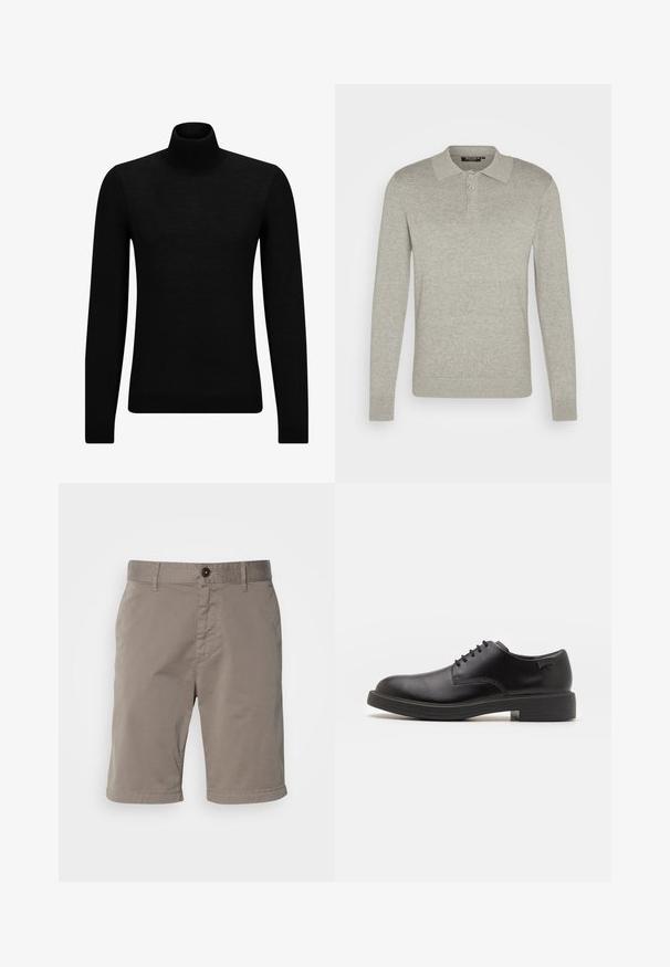Melnā augstā kakla džemperis, kas izgatavots no mīksta materiāla, ar garām piedurknēm un pieguļušu piegriezumu. Ribota apdare ap apakšu un piedurknēm. Vienkāršs dizains.; Gaišpelēka, garām piedurknēm šūts polo krekls, kas izgatavots no mīkstas auduma, ar trīs pogu aizdari un ribotiem piedurkņu galiem, kā arī ar klasisku apkakles dizainu.; Vīriešu īsie šorti gaiši pelēkā krāsā, izgatavoti no kokvilnas materiāla. Satur pogu aizdari, jostu cilpas un gludu tekstūru.; Melna āda sašūta kurpe ar noapaļotu purngalu, gludu tekstūru, minimālu šuvju skaitu un zemu gumijas papēdi. Logo uz papēža.