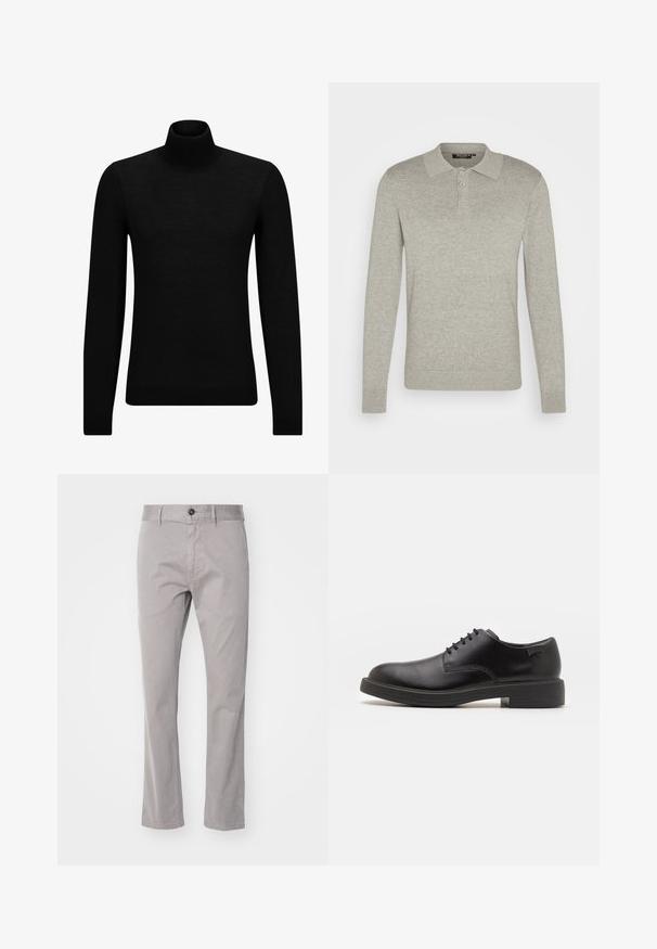 Melnā augstā kakla džemperis, kas izgatavots no mīksta materiāla, ar garām piedurknēm un pieguļušu piegriezumu. Ribota apdare ap apakšu un piedurknēm. Vienkāršs dizains.; Gaišpelēka, garām piedurknēm šūts polo krekls, kas izgatavots no mīkstas auduma, ar trīs pogu aizdari un ribotiem piedurkņu galiem, kā arī ar klasisku apkakles dizainu.; BOSS SLIM - Chinos tipa bikses - open grey; Melna āda sašūta kurpe ar noapaļotu purngalu, gludu tekstūru, minimālu šuvju skaitu un zemu gumijas papēdi. Logo uz papēža.