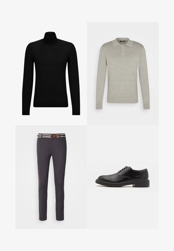 Jersey de cuello alto negro hecho de un material suave, con mangas largas y un ajuste ceñido. Ribete acanalado en el dobladillo y los puños. Diseño simple.; Polo de manga larga en gris claro, hecho de una tela suave, con una tapeta de tres botones y puños acanalados, con un diseño de cuello clásico.; Chinos gris oscuro con un ajuste slim, que cuentan con un cinturón de tela a rayas con una hebilla de metal redonda y acentos de cuero marrón.; Zapato negro de cuero con cordones, punta redondeada, textura suave, costuras mínimas y tacón bajo de goma. Logo en el tacón.