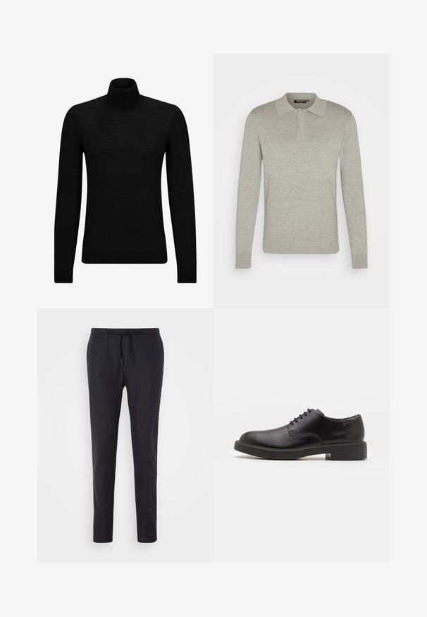 Crni dukserica s visokim ovratnikom, napravljena od mekanog materijala, s dugim rukavima i priljubljenim krojem. Rebrasti detalji na donjem rubu i rukavima. Jednostavan dizajn.; Polo majica dugih rukava svijetlosive boje, izrađena od mekog materijala, s tri dugmeta i rebrastim rukavima, s klasičnim dizajnom ovratnika.; Crne, lagane jogger hlače s podesivim strukom na vezanje, suženi kroj nogavica i glatka tekstura. Nema vidljivih džepova ili uzoraka.; Crne kožne cipele s vezanjem i zaobljenim vrhom, glatke teksture, minimalnim šavovima i niskim gumiranim potplatom. Logo se nalazi na peti.