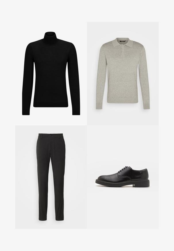 Schwarzer Rollkragenpullover aus weichem Material mit langen Ärmeln und enger Passform. Rippbesatz am Saum und an den Bündchen. Einfaches Design.; Langärmliges, hellgraues Polohemd aus weichem Stoff mit einer Knopfleiste mit drei Knöpfen und gerippten Bündchen, das über ein klassisches Kragen Design verfügt.; Schwarze, maßgeschneiderte Hose aus glattem, strukturiertem Stoff. Merkmale sind ein Knopfverschluss, Gürtelschlaufen und ein gerades Bein.; Schwarzer Leder-Schnürschuh mit abgerundetem Zeh, glatter Textur, minimaler Naht und niedrigem Gummiabsatz. Logo auf der Ferse.
