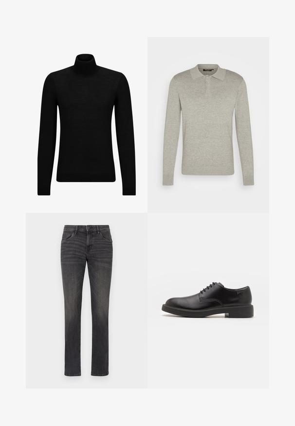 Juodas aukšto kaklo megztinis, pagamintas iš minkštos medžiagos, su ilgomis rankovėmis ir prigludusia forma. Su raukiniais apačioje ir rankogaliuose. Paprastas dizainas.; Ilgais rankovės šviesiai pilkas polo marškinėlis, pagamintas iš minkštos medžiagos, su trimis sagų užtrauktuku ir įgulos rankovėmis, turintis klasikinio tipo apykaklės dizainą.; Pilkos džinsų kelnės su tiesiu prisiuvimu, penkių kišenių dizainu ir subtiliais įlenkimais priekyje. Savybė – užsegimas mygtuku ir diržo kilpos.; Juodas odinis batų modelis su raišteliais, apvaliu nosiu, lygiu paviršiumi, minimaliai siuvinėjimu ir žemu guminėmis pakulne. Ant pakulnės šalia logo.
