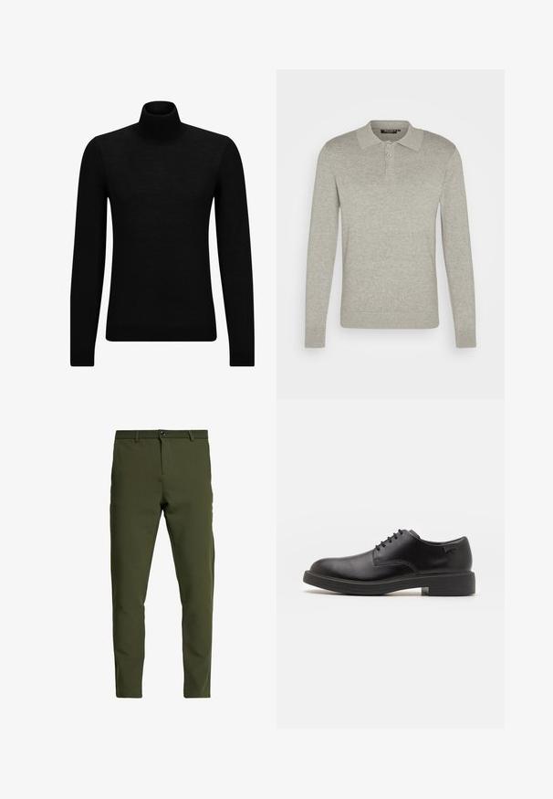 Black turtleneck sweater made of soft material, featuring long sleeves and a snug fit. Ribbed trim at the hem and cuffs. Simple design.; Long-sleeve light gray polo shirt made of soft fabric, featuring a three-button placket and ribbed cuffs, with a classic collar design.; Olive green trousers with a slim fit, made from a smooth, durable fabric. Features a zip fly, button closure, and standard pockets.; Black leather lace-up shoe with a rounded toe, smooth texture, minimal stitching, and a low rubber heel. Logo on the heel.