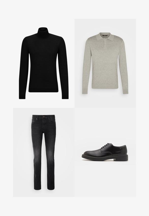 Jersey de cuello alto negro hecho de un material suave, con mangas largas y un ajuste ceñido. Ribete acanalado en el dobladillo y los puños. Diseño simple.; Polo de manga larga en gris claro, hecho de una tela suave, con una tapeta de tres botones y puños acanalados, con un diseño de cuello clásico.; Jeans de denim negro con corte recto, que presentan un cierre de botón, cinco bolsillos y un ligero efecto de desvanecimiento en la tela.; Zapato negro de cuero con cordones, punta redondeada, textura suave, costuras mínimas y tacón bajo de goma. Logo en el tacón.