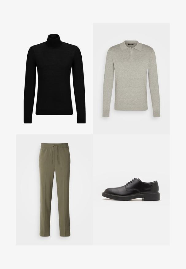 Fekete garbó pulóver puha anyagból, hosszú ujjakkal és szoros fazonnal. Ribbed díszítés az alján és az ujjak végén. Egyszerű dizájn.; Hosszú ujjú, világosszürke pólóing puha anyagból, három gombos kiképzéssel és bordázott mandzsettákkal, klasszikus gallér dizájnnal.; Olajzöld, könnyű nadrág, rugalmas derékkal és állítható zsinórral; egyenes szárú kialakítás és sima textúra.; Fekete bőrcipő, kerek orrú, sima felületű, minimális varrással és alacsony gumitalppal. Logó a sarokrészen.