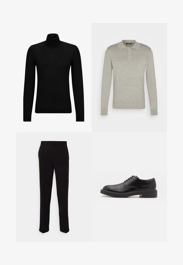 Fekete garbó pulóver puha anyagból, hosszú ujjakkal és szoros fazonnal. Ribbed díszítés az alján és az ujjak végén. Egyszerű dizájn.; Hosszú ujjú, világosszürke pólóing puha anyagból, három gombos kiképzéssel és bordázott mandzsettákkal, klasszikus gallér dizájnnal.; Fekete nadrág egyenes szabással, sima textúrával és látható minták vagy fémalkatrészek nélkül. Klasszikus dizájn, letisztult sziluettel.; Fekete bőrcipő, kerek orrú, sima felületű, minimális varrással és alacsony gumitalppal. Logó a sarokrészen.