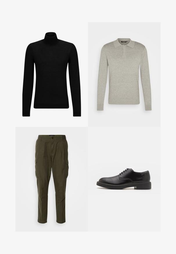 Melnā augstā kakla džemperis, kas izgatavots no mīksta materiāla, ar garām piedurknēm un pieguļušu piegriezumu. Ribota apdare ap apakšu un piedurknēm. Vienkāršs dizains.; Gaišpelēka, garām piedurknēm šūts polo krekls, kas izgatavots no mīkstas auduma, ar trīs pogu aizdari un ribotiem piedurkņu galiem, kā arī ar klasisku apkakles dizainu.; Olīvu zaļi kokvilnas maisījuma kravas bikses, kas aprīkotas ar vairākām sānu kabatām, taisni griezums un ar izšūtām detaļām gar jostu.; Melna āda sašūta kurpe ar noapaļotu purngalu, gludu tekstūru, minimālu šuvju skaitu un zemu gumijas papēdi. Logo uz papēža.