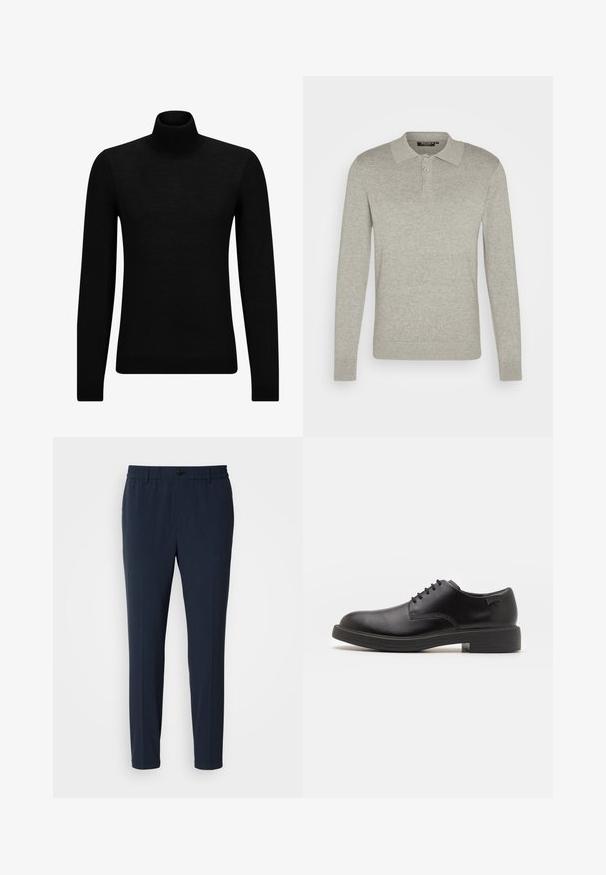 Juodas aukšto kaklo megztinis, pagamintas iš minkštos medžiagos, su ilgomis rankovėmis ir prigludusia forma. Su raukiniais apačioje ir rankogaliuose. Paprastas dizainas.; Ilgais rankovės šviesiai pilkas polo marškinėlis, pagamintas iš minkštos medžiagos, su trimis sagų užtrauktuku ir įgulos rankovėmis, turintis klasikinio tipo apykaklės dizainą.; Jūrinio mėlynumo tiesioginiai kelnės su elastingu juosmeniu, turinčios priekinį mygtuko užsegimą ir lygų audinio tekstūrą.; Juodas odinis batų modelis su raišteliais, apvaliu nosiu, lygiu paviršiumi, minimaliai siuvinėjimu ir žemu guminėmis pakulne. Ant pakulnės šalia logo.