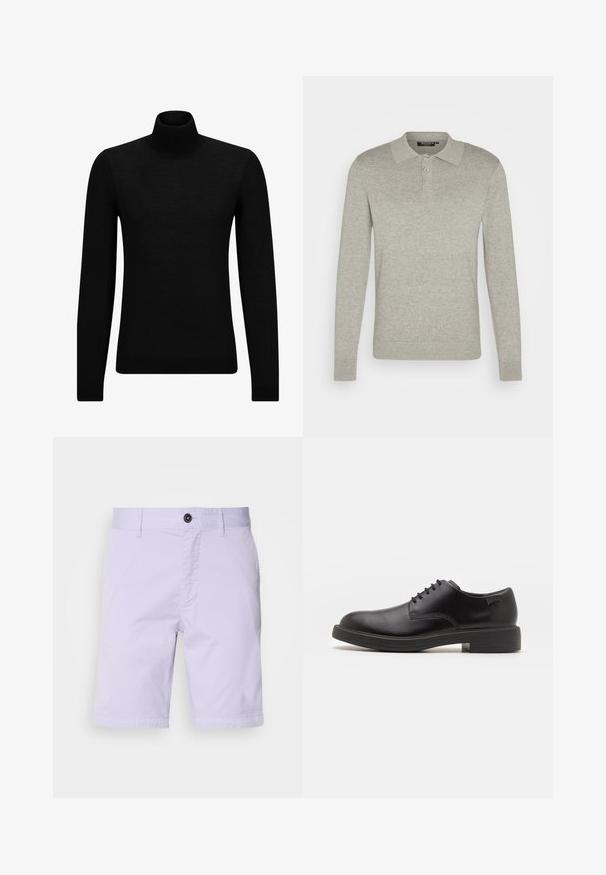 Melnā augstā kakla džemperis, kas izgatavots no mīksta materiāla, ar garām piedurknēm un pieguļušu piegriezumu. Ribota apdare ap apakšu un piedurknēm. Vienkāršs dizains.; Gaišpelēka, garām piedurknēm šūts polo krekls, kas izgatavots no mīkstas auduma, ar trīs pogu aizdari un ribotiem piedurkņu galiem, kā arī ar klasisku apkakles dizainu.; Gaiši lavandas īsie šorti kokvilnas maisījumā, ar plakanu priekšpusi, pogu aizdari, divām sānu kabatām un taisnu apakšmalu.; Melna āda sašūta kurpe ar noapaļotu purngalu, gludu tekstūru, minimālu šuvju skaitu un zemu gumijas papēdi. Logo uz papēža.
