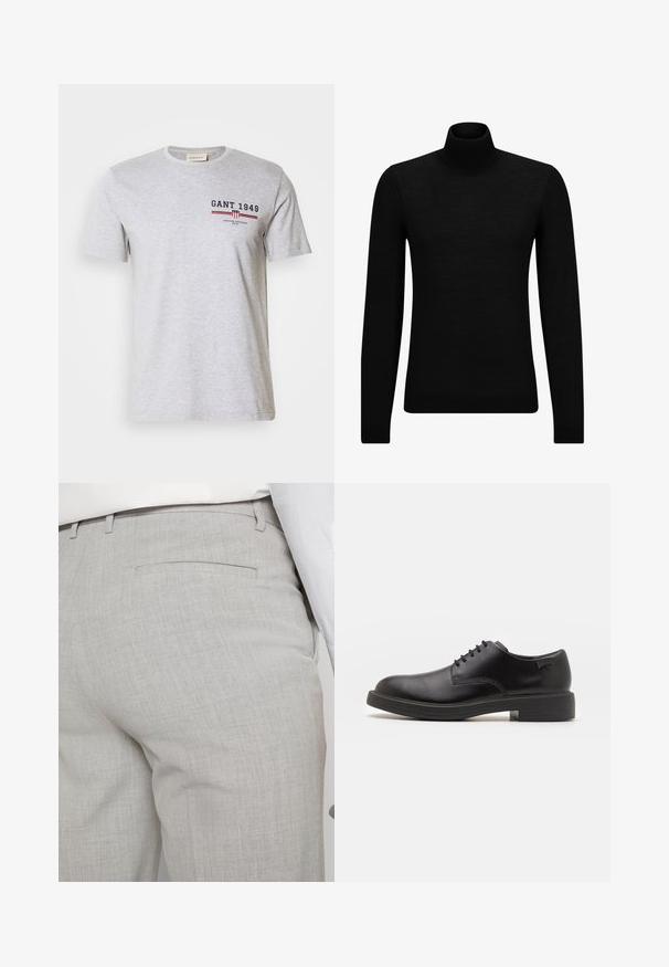 Svart polotröja gjord av mjukt material, med långa ärmar och en åtsittande passform. Ribbat avslut vid fåll och ärmslut. Enkelt mönster.; Grå bomull t-shirt med korta ärmar, rund halsringning och tryckt text i marinblått och rött. Har en logotyp och horisontella ränder.; Ljusgrå skräddarsydda byxor av texturerat tyg med en enda bakficka och rena sömmar.; Svart läder snörsko med rund tå, slät yta, minimal söm och låg gummihäl. Logotyp på hälen.