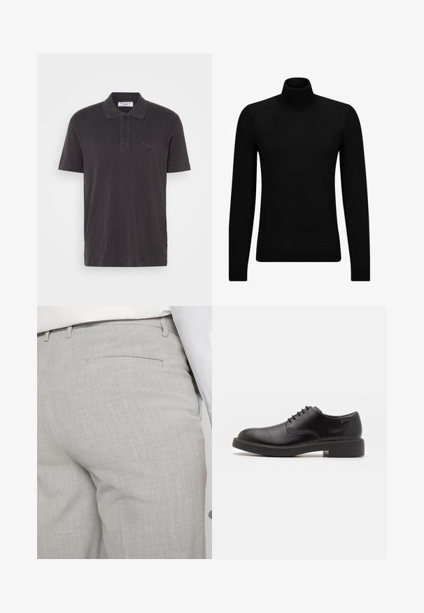Čierny rolák vyrobený z jemného materiálu, s dlhými rukávmi a tesným strihom. Hranatý lem a manžety s ribbed úpravou. Jednoduchý dizajn.; Tmavošedé polo tričko s krátkym rukávom vyrobené z mäkkej látky, s dvojitým gombíkovým zapínaním a diskrétnym logom na ľavej hrudi.; Svetlosivé nohavice na mieru vyrobené zo štruktúrovanej látky, s jedným zadným vreckom a čistým prešívaním.; Čierne kožené šnurovacie topánky s okrúhlou špičkou, hladkým povrchom, minimálnym prešívaním a nízkym gumovým podpätkom. Logo na podpätku.