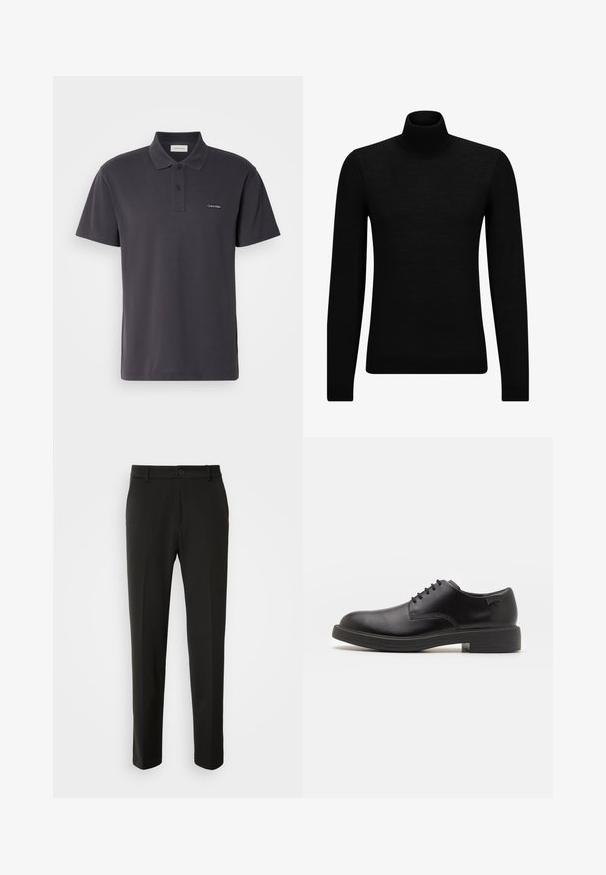 Schwarzer Rollkragenpullover aus weichem Material mit langen Ärmeln und enger Passform. Rippbesatz am Saum und an den Bündchen. Einfaches Design.; Dunkelgraues Polohemd aus glattem Stoff, mit einem Kragen, einer Zwei-Knopf-Leiste und einem kleinen gestickten Logo auf der Brust.; Schwarze Hose aus glattem Stoff, mit geraden Beinen, einem Knopfverschluss und einem klassischen Design, das sowohl für formelle als auch für legere Anlässe geeignet ist.; Schwarzer Leder-Schnürschuh mit abgerundetem Zeh, glatter Textur, minimaler Naht und niedrigem Gummiabsatz. Logo auf der Ferse.