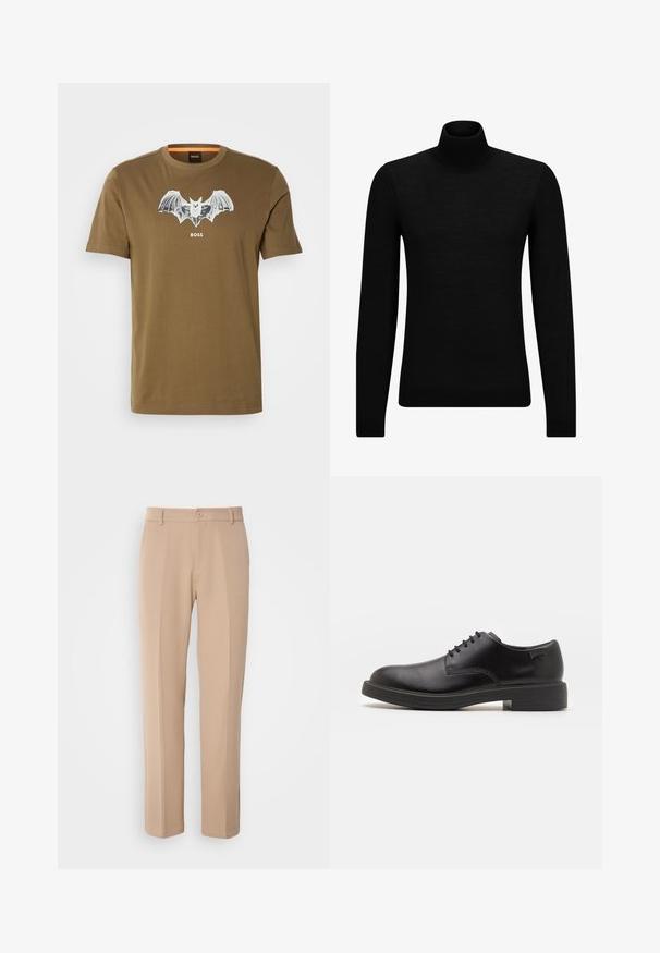 Black turtleneck sweater made of soft material, featuring long sleeves and a snug fit. Ribbed trim at the hem and cuffs. Simple design.; Brown cotton t-shirt featuring a bat graphic in gray and white with "BOSS" text below the design. Crew neck and short sleeves.; Beige trousers made from smooth fabric, featuring a straight-leg design, a front button closure, and subtle crease details along the front.; Black leather lace-up shoe with a rounded toe, smooth texture, minimal stitching, and a low rubber heel. Logo on the heel.