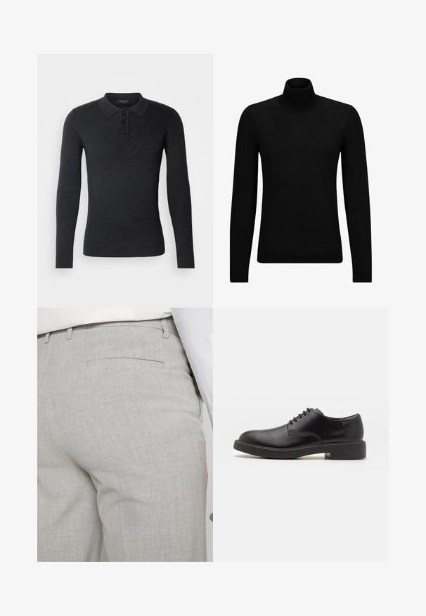 Black turtleneck sweater made of soft material, featuring long sleeves and a snug fit. Ribbed trim at the hem and cuffs. Simple design.; Black long-sleeve polo shirt made of knit fabric. Features a collar, three-button placket, and ribbed cuffs for a fitted look.; Light gray tailored trousers made of textured fabric, featuring a single back pocket and clean stitching.; Black leather lace-up shoe with a rounded toe, smooth texture, minimal stitching, and a low rubber heel. Logo on the heel.