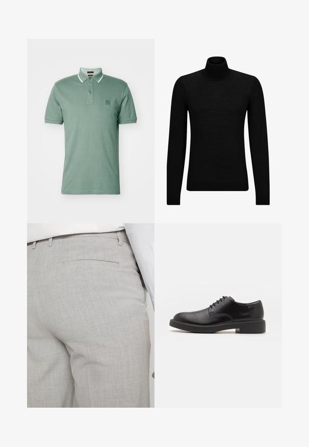 Črna turtleneck pulover iz mehkega materiala, z dolgimi rokavi in tesnim prileganjem. R ibana obroba na robu in rokavih. Preprosta zasnova.; BOSS PASSERTIP - Polo majica - open green; Svetlo sive hlače po meri iz teksturirane tkanine, z enim zadnjim žepom in čistim šivom.; Črne usnjene čipkaste čevlje z zaobljenim nosom, gladko teksturo, minimalnim šitjem in nizkim gumijastim peto. Logo na peti.