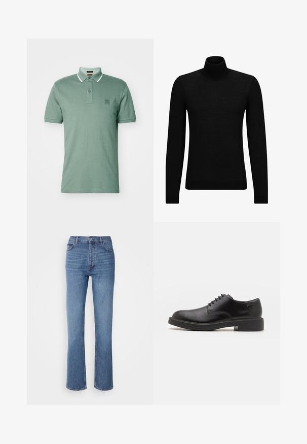 Pull à col roulé noir en matériau doux, avec des manches longues et une coupe ajustée. Finition côtelée au bas et aux poignets. Design simple.; BOSS PASSERTIP - Polo - open green; Jean en denim bleu à taille haute, design à jambe droite et décoloration subtile. Présente un style classique à cinq poches et une fermeture éclair.; Chaussure noire en cuir à lacets avec un embout arrondi, texture lisse, piqures minimales et un petit talon en caoutchouc. Logo sur le talon.