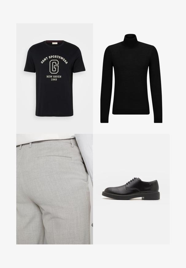 Black turtleneck sweater made of soft material, featuring long sleeves and a snug fit. Ribbed trim at the hem and cuffs. Simple design.; Navy cotton t-shirt with round neckline and short sleeves. Features white print reading "GANT SPORTSWEAR," "NEW HAVEN," and "1949."; Light gray tailored trousers made of textured fabric, featuring a single back pocket and clean stitching.; Black leather lace-up shoe with a rounded toe, smooth texture, minimal stitching, and a low rubber heel. Logo on the heel.